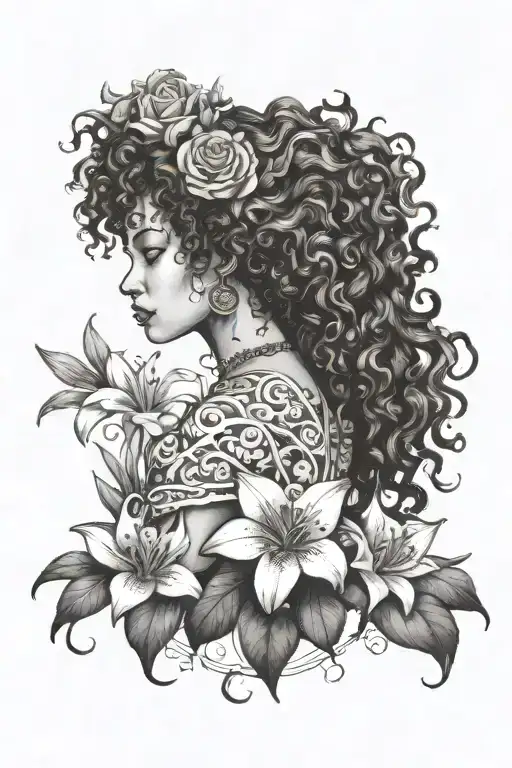 curly haired female goddess, lillies surrounding,  tattoo design idea