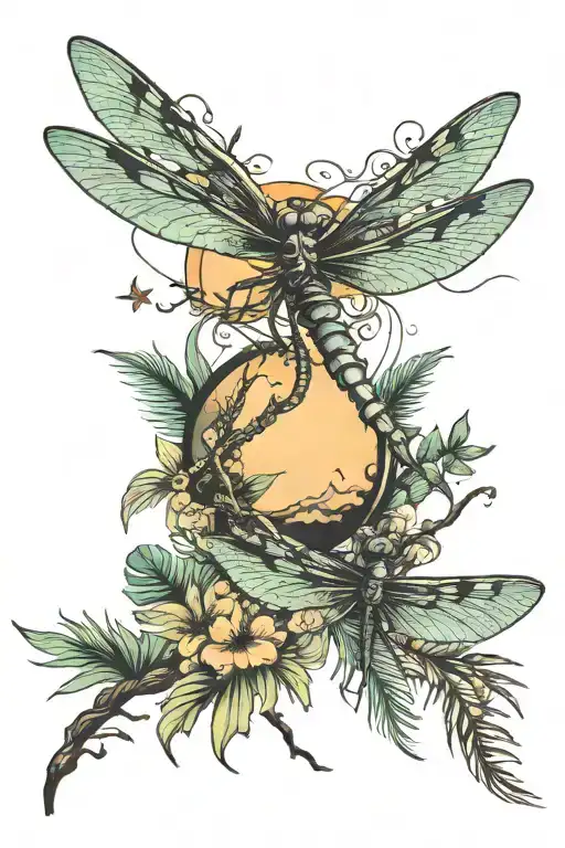 dragon fly palm tree and crescent moon merging together tattoo design idea