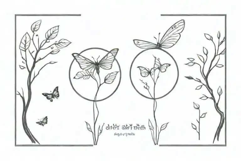 A tatto for 3 sibling want to merge, elder brother with a tree and middle sister with butter fly and last younger brothe tattoo design idea