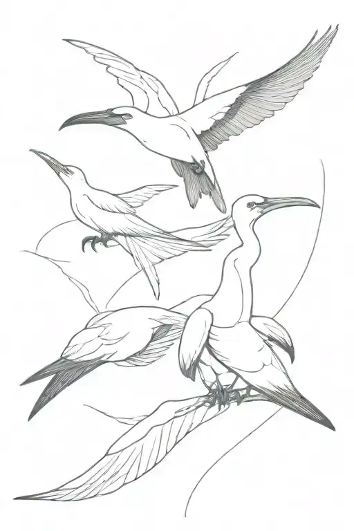 Perched Frigate Bird with tail made up of many frigate birds tattoo design idea