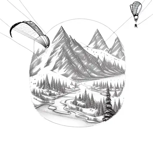 A combination of paragliding guy and hiking guy in snow mountains along with river, trees and stars tattoo design idea