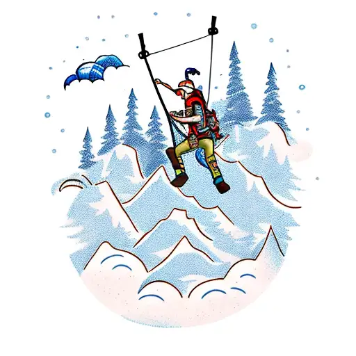 A combination of paragliding guy and hiking guy in snow mountains along with river, trees and stars tattoo design idea