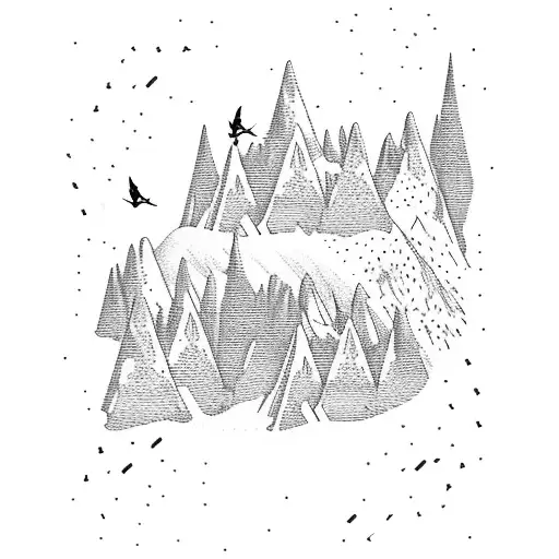 A combination of paragliding guy and hiking guy in snow mountains along with river, trees and stars tattoo design idea