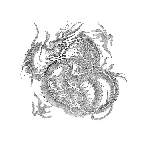 A Chinese dragon and a nine-tailed fox dancing together in a yin and yang symbol tattoo design idea