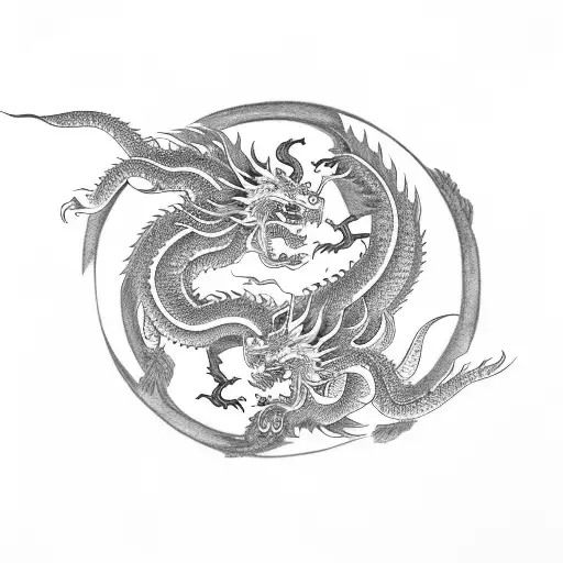 A Chinese dragon and a nine-tailed fox dancing together in a yin and yang symbol tattoo design idea