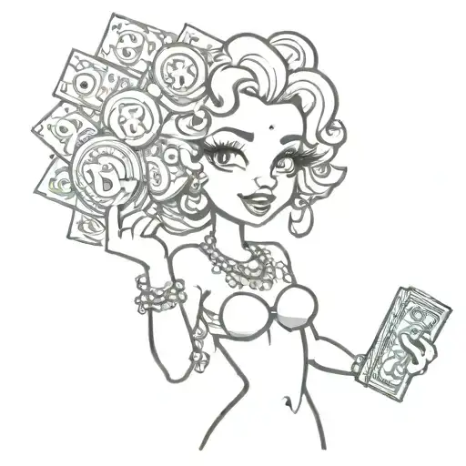A sketch style tattoo of Betty Boop holding a stack of money with music symbols in the background tattoo design idea