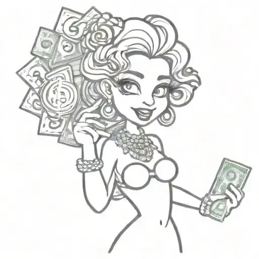 A sketch style tattoo of Betty Boop holding a stack of money with music symbols in the background tattoo design idea