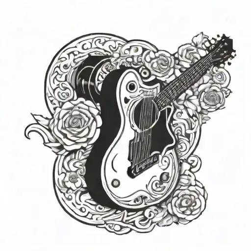 A gun morphing into a guitar with a subtle Tennessee state outline in the background tattoo design idea
