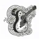 A gun morphing into a guitar with a subtle Tennessee state outline in the background tattoo design idea