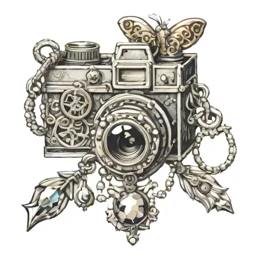 A collection of antique jewelry forming a camera shape tattoo design idea