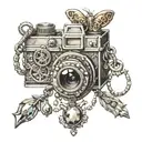 A collection of antique jewelry forming a camera shape tattoo design idea