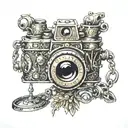 A collection of antique jewelry forming a camera shape tattoo design idea