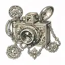 A collection of antique jewelry forming a camera shape tattoo design idea