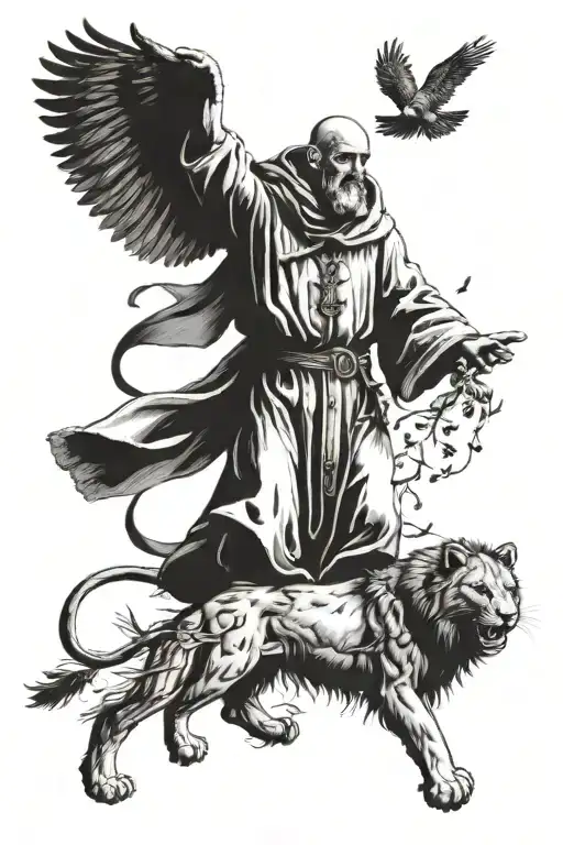 St Francis of Assisi with a lion at his feet and birds flying up  tattoo design idea