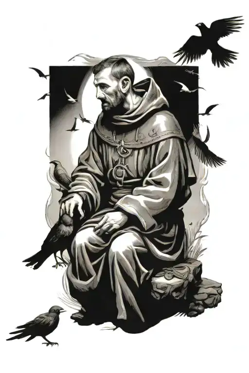 St Francis of Assisi sitting with birds flying away tattoo design idea