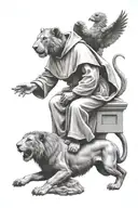 St Francis of Assisi sitting peting a lion at his feet and birds flying up  tattoo design idea