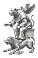 St Francis of Assisi sitting peting a lion at his feet and birds flying up  tattoo design idea