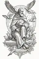 St Francis of Assisi sitting with birds flying up, lion at his feet tattoo design idea