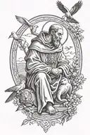 St Francis of Assisi sitting with birds flying up, lion at his feet tattoo design idea