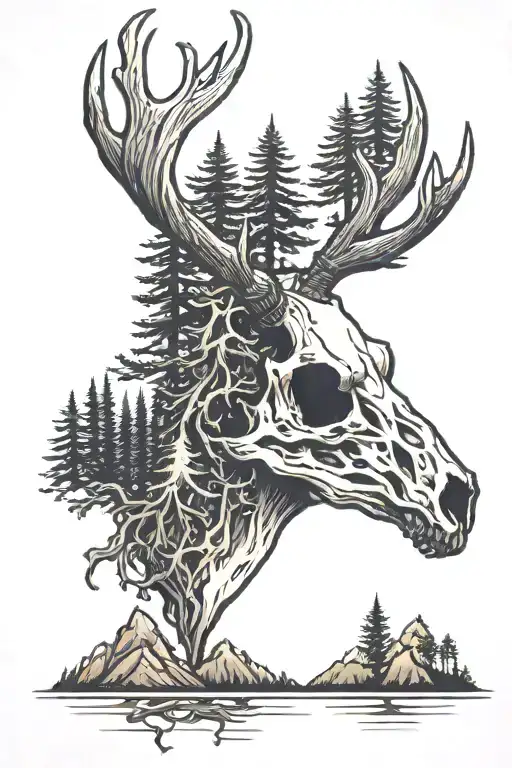 Deer skull with pines trees and mountains in the background tattoo design idea