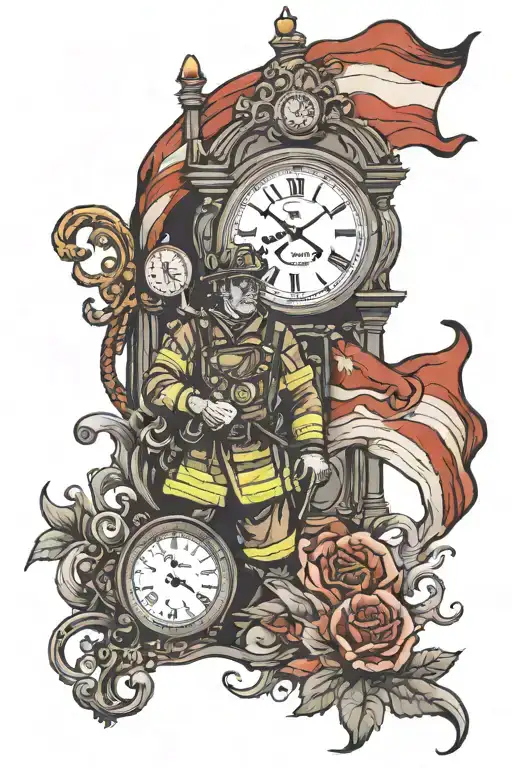 firefighter, grandfather clock, flag, tattoo design idea