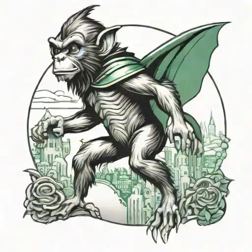 Wizard of OZ flying monkey with Emerald City in the background tattoo design idea
