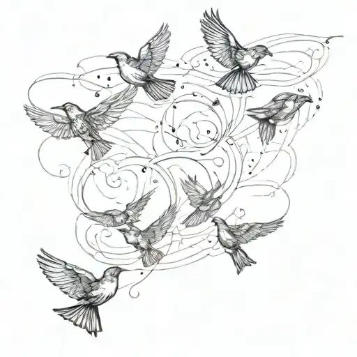 the words Memento Vivere with five small blackbirds flying tattoo design idea