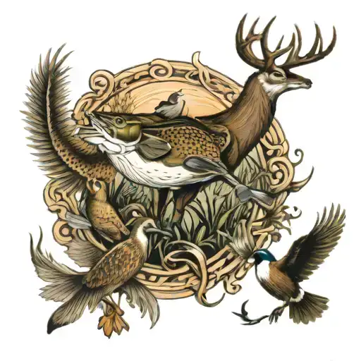 hunting scene with white tail deer, large mouth bass, pheasant and ducks   tattoo design idea