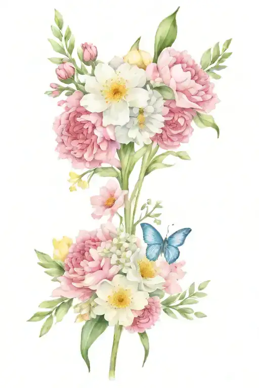 A beautiful bouquet combining carnations, daisies, and daffodils, with the name 'Lucy' included as part of the design. T tattoo design idea