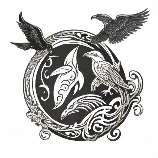 A stylized dolphin and eagle intertwined in a yin-yang symbol, representing your favorite animals and their balance in nature tattoo design idea
