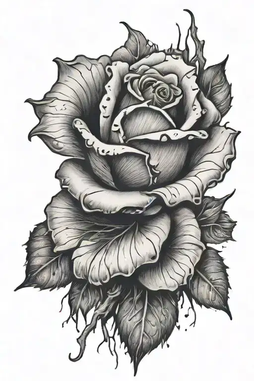 A black-grey tattoo of a therror-infused rose in a realistic decayed state tattoo design idea