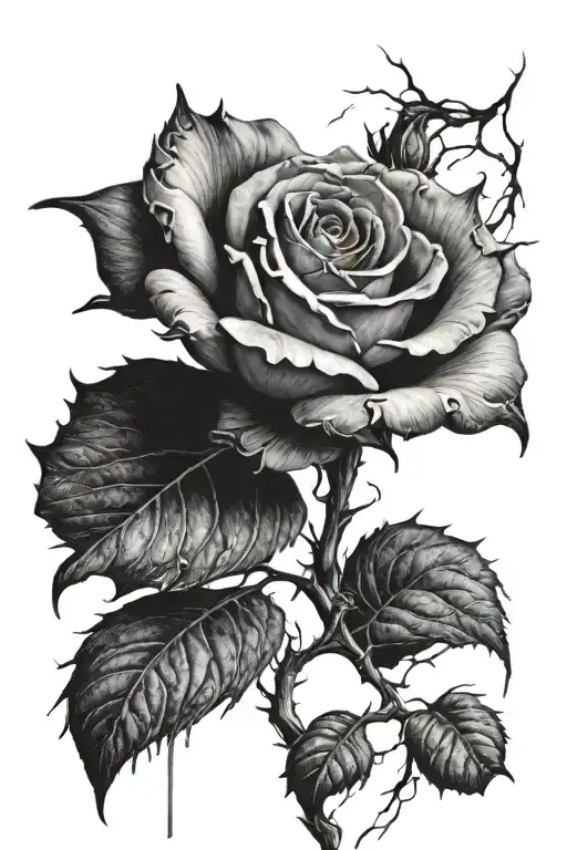 A realistic black and grey tattoo of a decaying rose with therror elements intertwined tattoo design idea