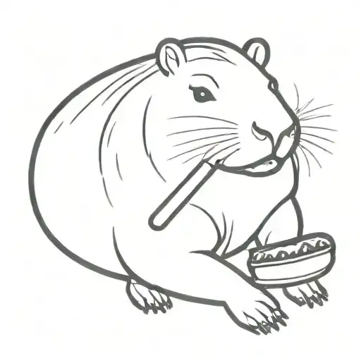 A capybara sitting alone, holding an hot dog in one paw, and looking at it tattoo design idea