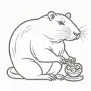 A capybara sitting alone, holding an hot dog in one paw, and looking at it tattoo design idea