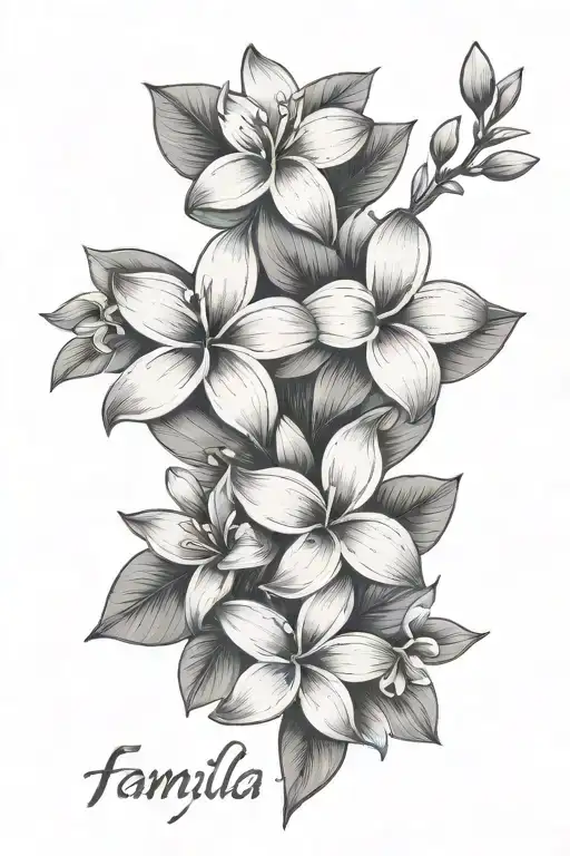 small frangipani flowers connected to cursive word familia  tattoo design idea