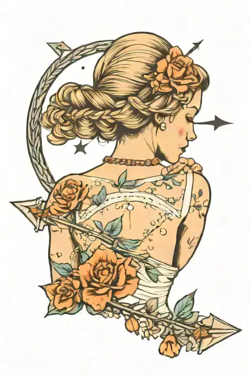woman from behind with braided hair, an arrow and the constellation of the sign sagittarius with flowers in the background tattoo design idea