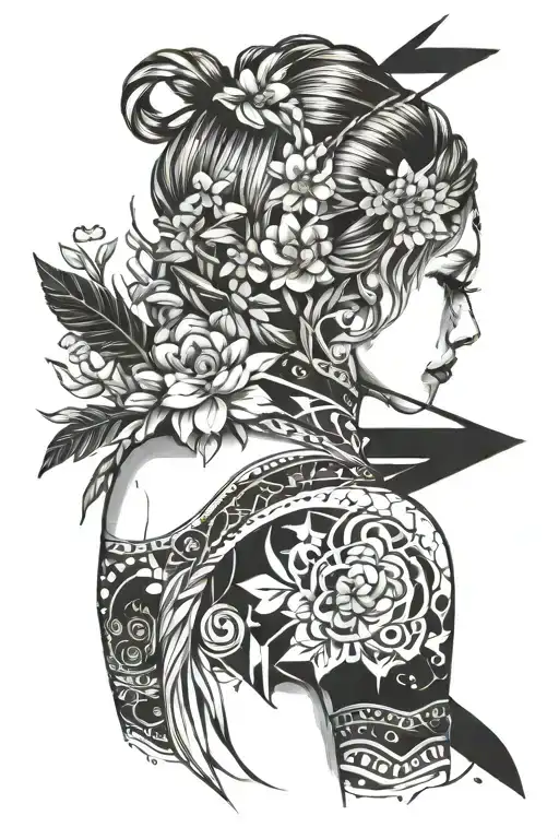 woman from behind with braided hair, an arrow in her back and the constellation of sagittarius with flowers in the background tattoo design idea