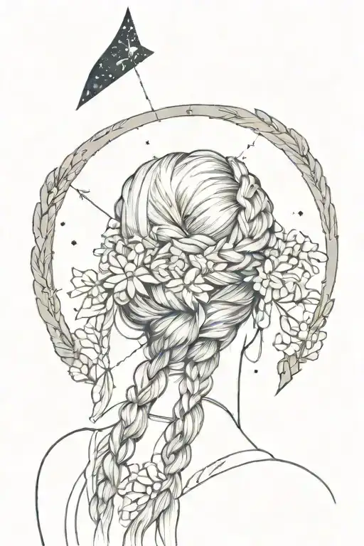 woman from behind with braided hair, an arrow in her back and the constellation of sagittarius with flowers in the background tattoo design idea