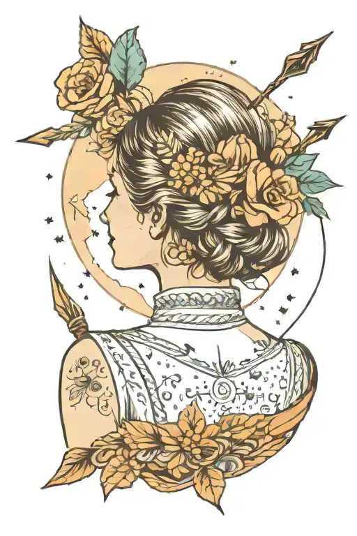 woman from behind with braided hair, an arrow and the constellation of the sign sagittarius with flowers in the background tattoo design idea