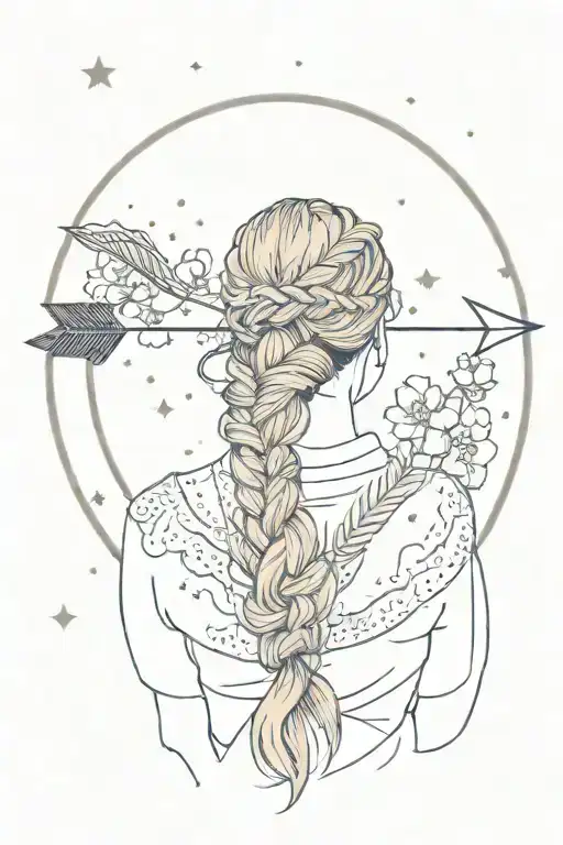 woman from behind with braided hair, an arrow and the constellation of the sign sagittarius with flowers in the background tattoo design idea