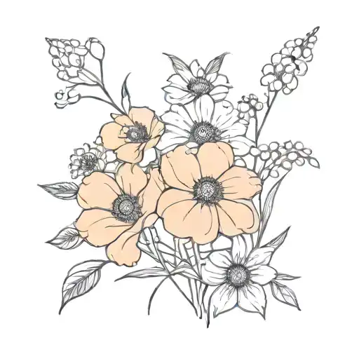 poppy flower, daisy flower, lily of the valley flower, chrysanthemum flower bouquet tattoo design idea