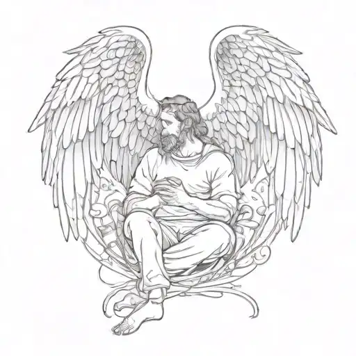 Dad angel wings spread with halo and three birds sitting tattoo design idea