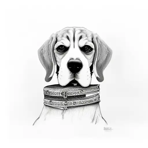 beagle that is laying down betweeb its front pawsin in a meadow and under one ear is small girl. she is hiding from rain tattoo design idea