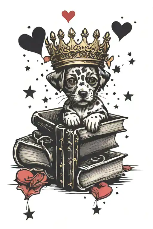 book with stars around it, paw print and hearts coming out with a crown tattoo design idea