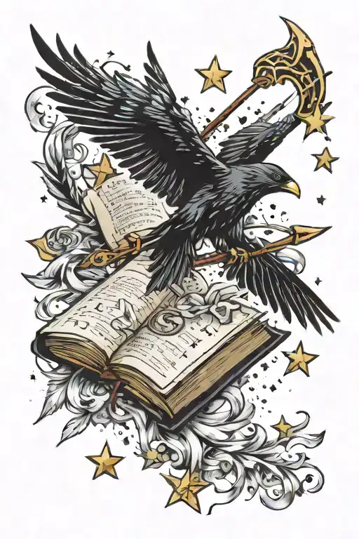 open book with stars around it, with a bow and arrow,  hearts coming out with a crow tattoo design idea
