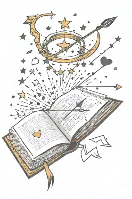 open book with stars around it, with a bow and arrow,  hearts coming out with a crown tattoo design idea