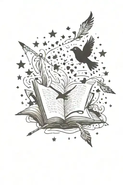 open book with stars around it, with a bow and arrow,  hearts coming out with a crow tattoo design idea