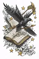 open book with stars around it, with a bow and arrow,  hearts coming out with a crow tattoo design idea