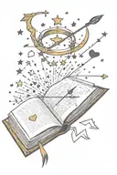 open book with stars around it, with a bow and arrow,  hearts coming out with a crown tattoo design idea