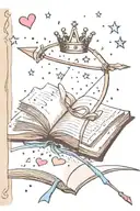 open book with stars around it, with a bow and arrow,  hearts coming out with a crown tattoo design idea